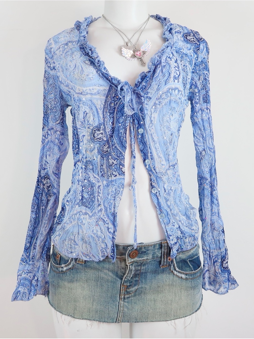 No Boundaries Y2K Blue Paisley Tie Front Top fairycore